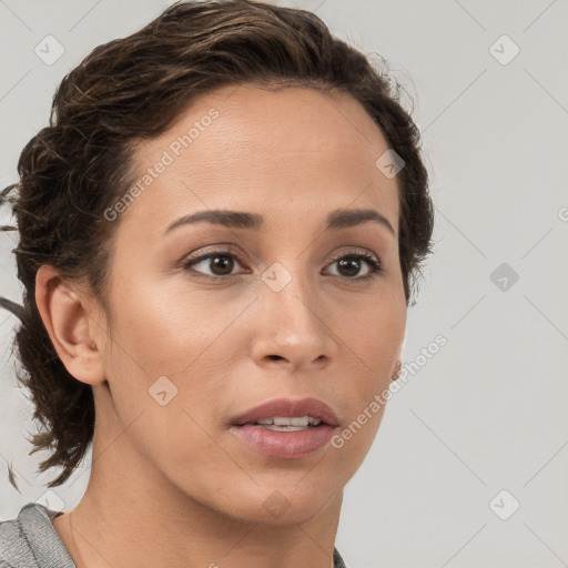 Neutral white young-adult female with short  brown hair and brown eyes