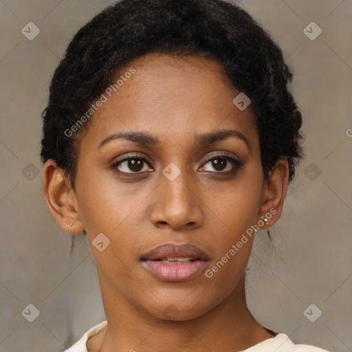 Neutral black young-adult female with short  brown hair and brown eyes