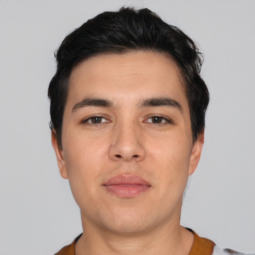 Neutral white young-adult male with short  black hair and brown eyes