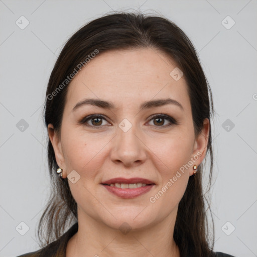 Joyful white young-adult female with medium  brown hair and grey eyes