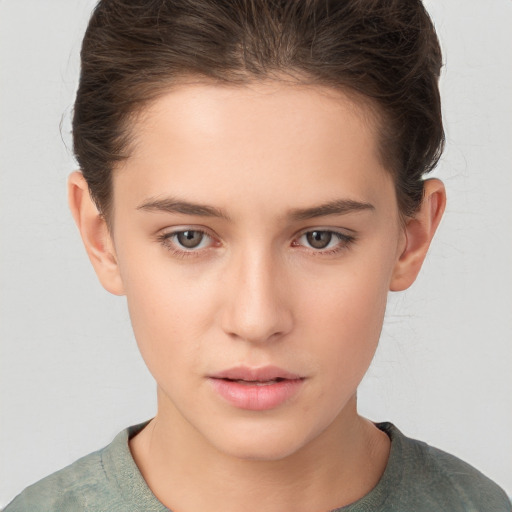 Neutral white young-adult female with short  brown hair and brown eyes