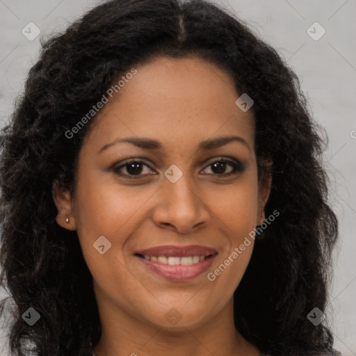 Joyful latino young-adult female with long  brown hair and brown eyes