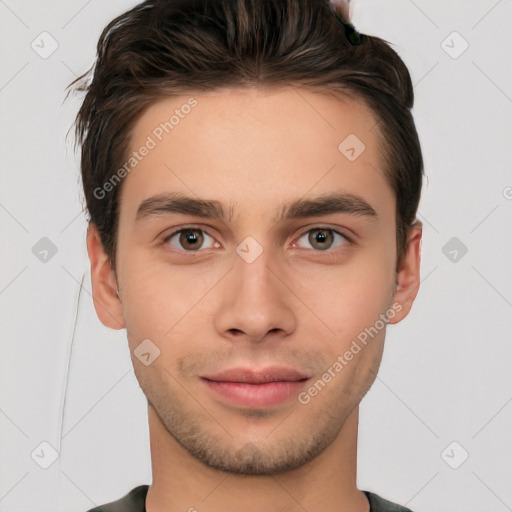 Neutral white young-adult male with short  brown hair and brown eyes