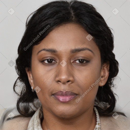 Joyful black adult female with medium  brown hair and brown eyes