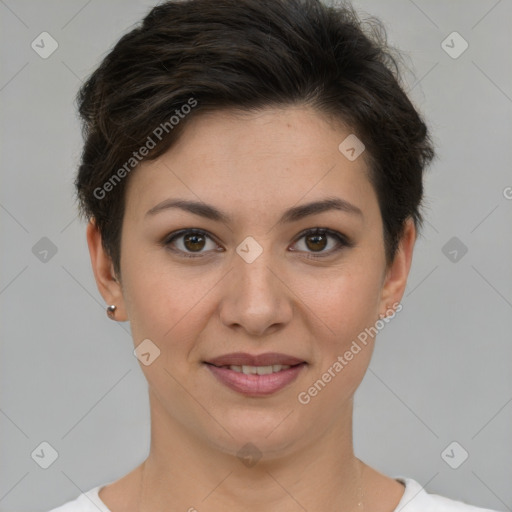 Joyful white young-adult female with short  brown hair and brown eyes