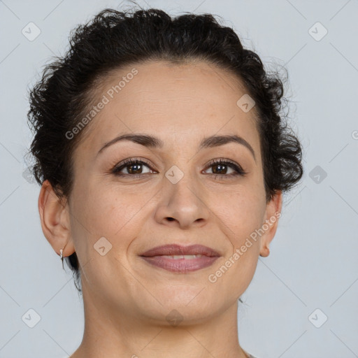 Joyful white adult female with short  brown hair and brown eyes