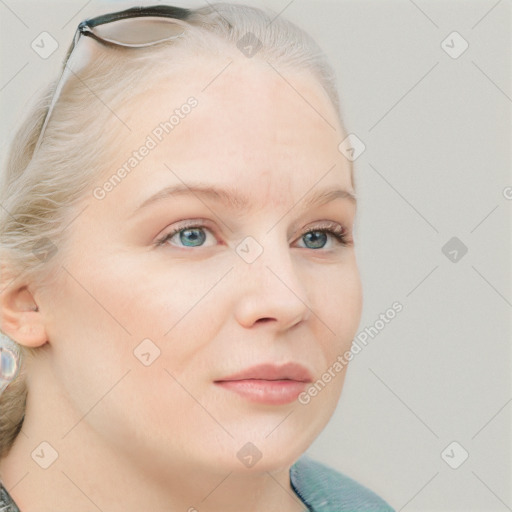 Neutral white young-adult female with medium  blond hair and blue eyes