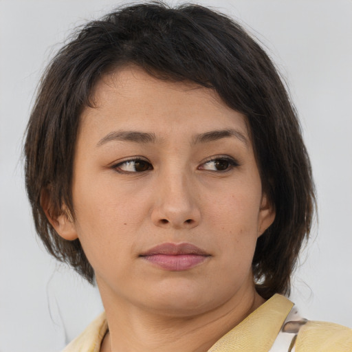 Neutral asian young-adult female with medium  brown hair and brown eyes