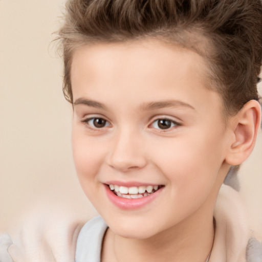 Joyful white child female with short  brown hair and brown eyes