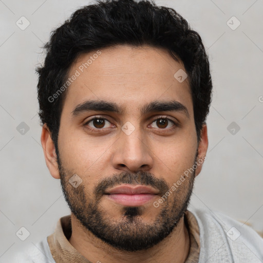 Neutral latino young-adult male with short  black hair and brown eyes