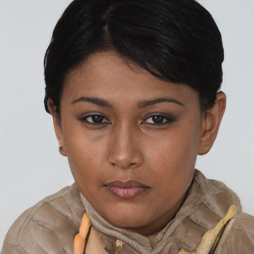 Neutral asian young-adult female with short  brown hair and brown eyes