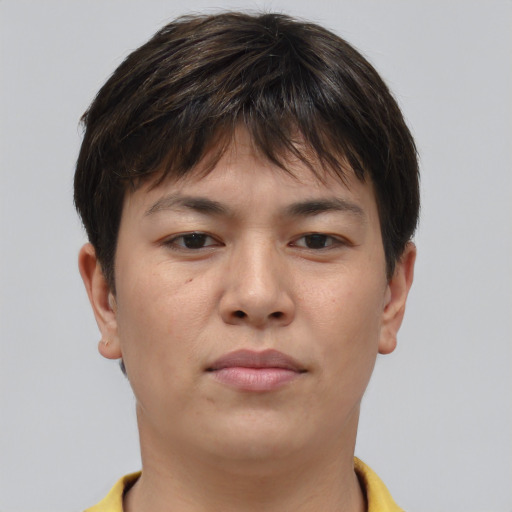 Neutral asian young-adult male with short  brown hair and brown eyes