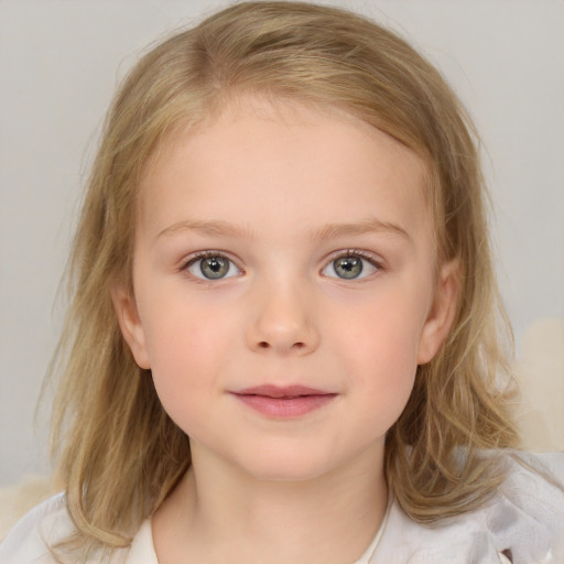 Neutral white child female with medium  brown hair and blue eyes