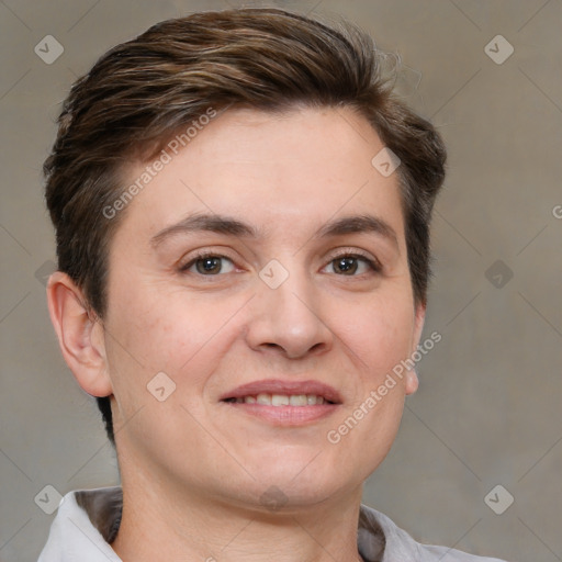 Joyful white adult female with short  brown hair and brown eyes