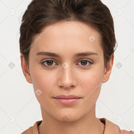 Neutral white young-adult female with short  brown hair and brown eyes