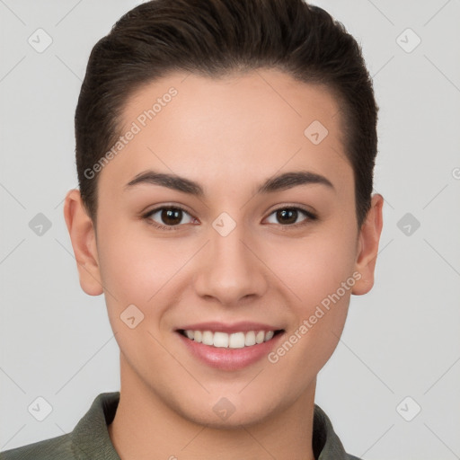 Joyful white young-adult female with short  brown hair and brown eyes