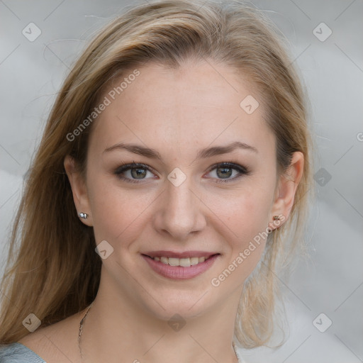 Joyful white young-adult female with medium  brown hair and blue eyes