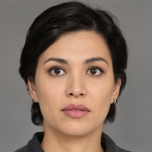 Neutral asian young-adult female with medium  black hair and brown eyes