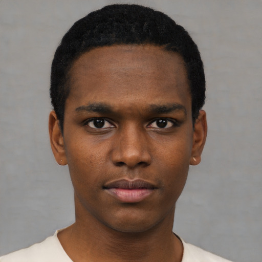 Neutral black young-adult male with short  black hair and brown eyes