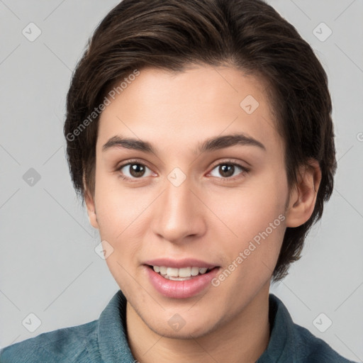 Joyful white young-adult female with short  brown hair and brown eyes