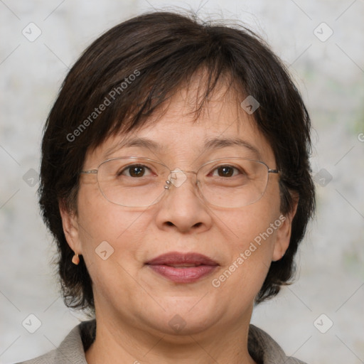 Joyful white middle-aged female with medium  brown hair and brown eyes