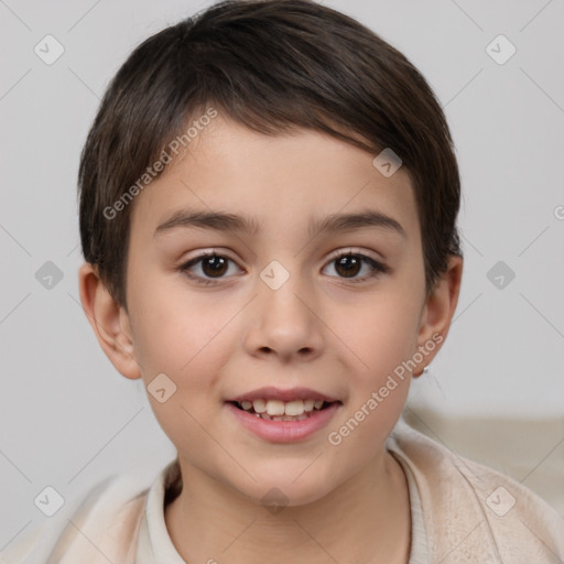 Joyful white child female with short  brown hair and brown eyes