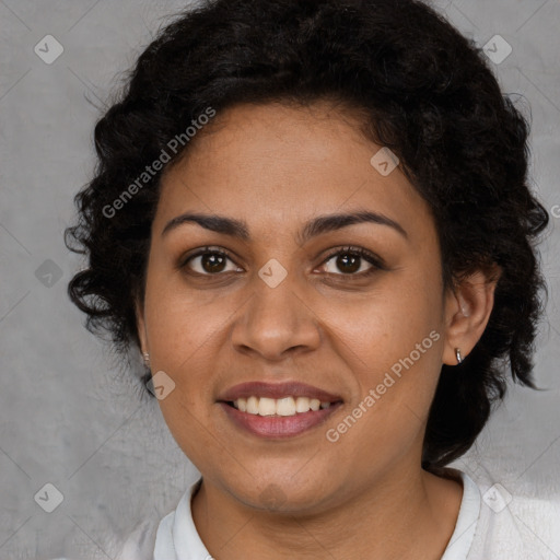 Joyful latino young-adult female with short  brown hair and brown eyes