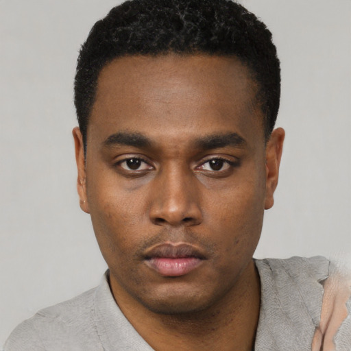 Neutral black young-adult male with short  black hair and brown eyes