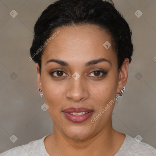 Joyful latino young-adult female with short  black hair and brown eyes