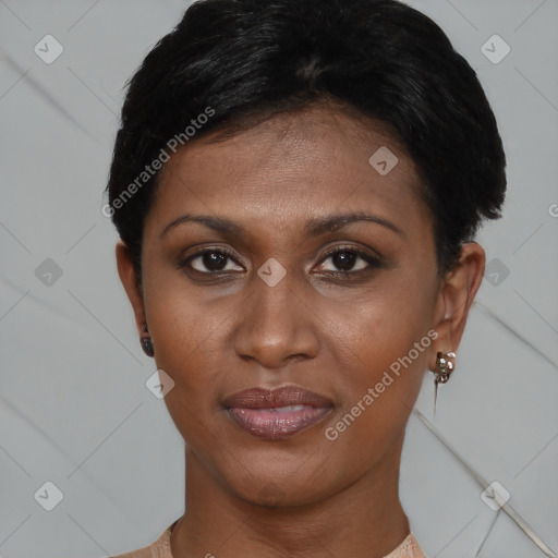 Joyful black young-adult female with short  brown hair and brown eyes