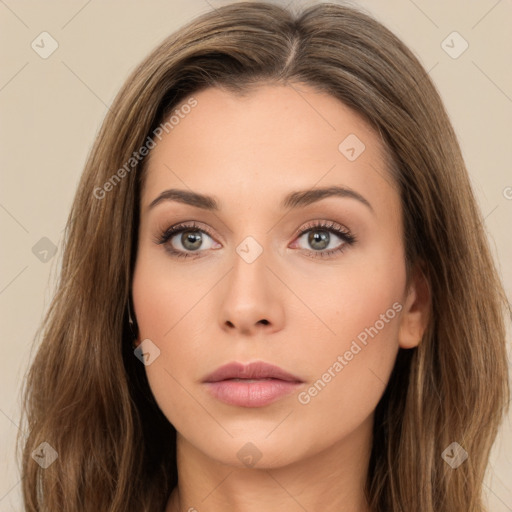 Neutral white young-adult female with long  brown hair and brown eyes