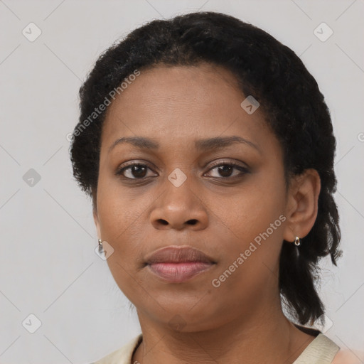 Neutral black young-adult female with short  black hair and brown eyes