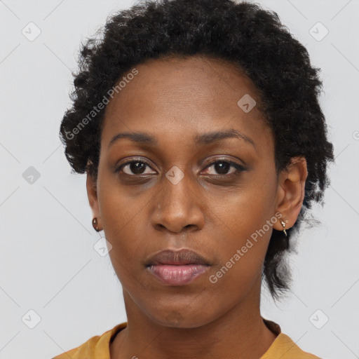 Neutral black young-adult female with short  black hair and brown eyes