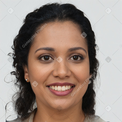 Joyful latino young-adult female with long  brown hair and brown eyes