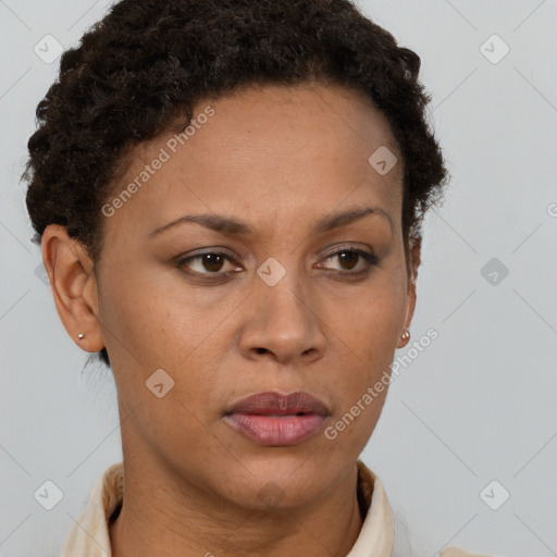 Neutral black young-adult female with short  brown hair and brown eyes