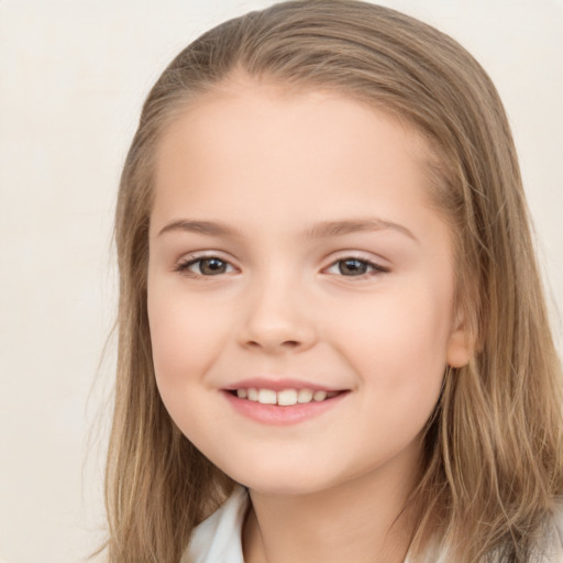 Joyful white child female with medium  brown hair and brown eyes