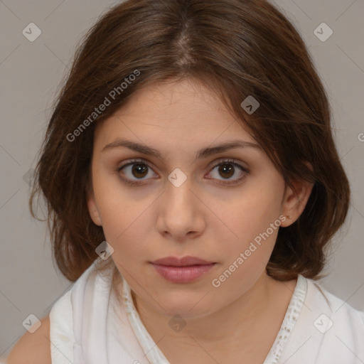 Neutral white young-adult female with medium  brown hair and brown eyes