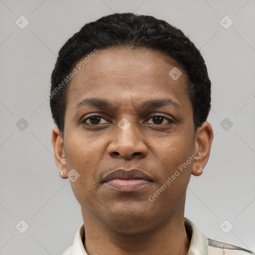 Neutral black young-adult female with short  black hair and brown eyes