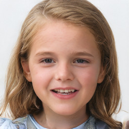 Joyful white child female with medium  brown hair and grey eyes
