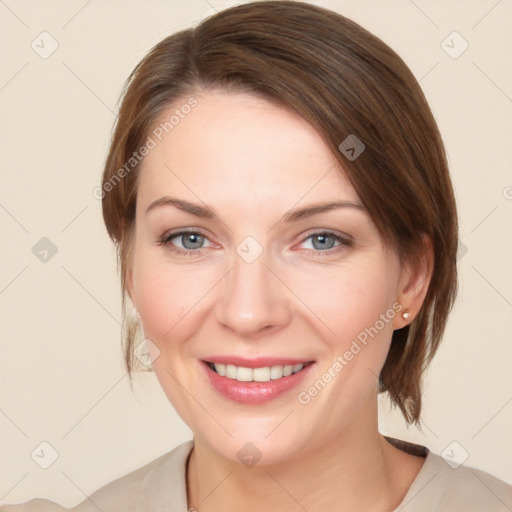 Joyful white young-adult female with medium  brown hair and blue eyes