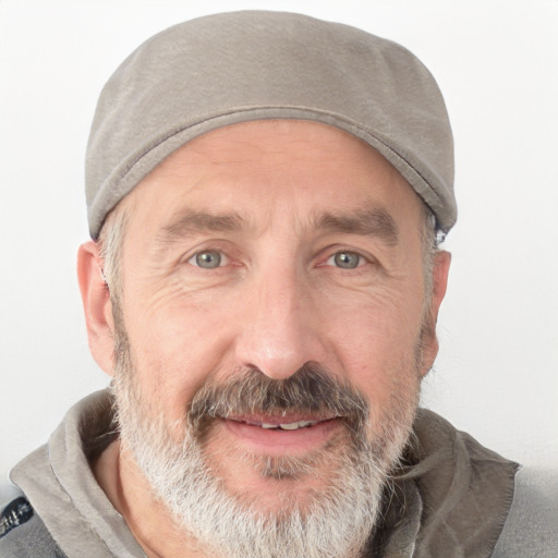 Joyful white adult male with short  gray hair and grey eyes