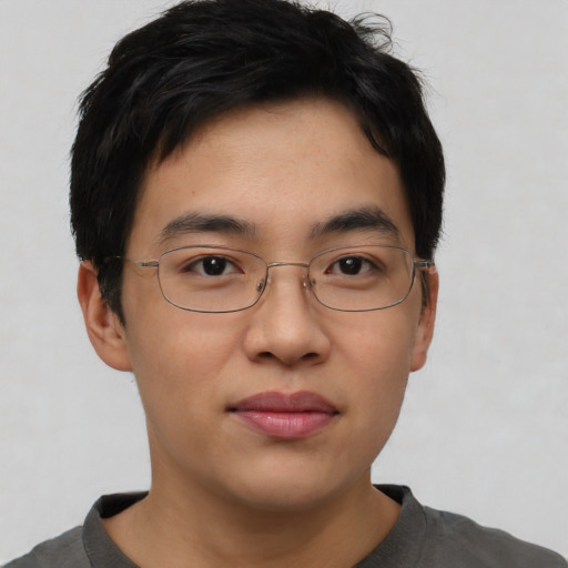 Neutral asian young-adult male with short  brown hair and brown eyes