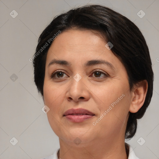 Joyful white adult female with medium  brown hair and brown eyes