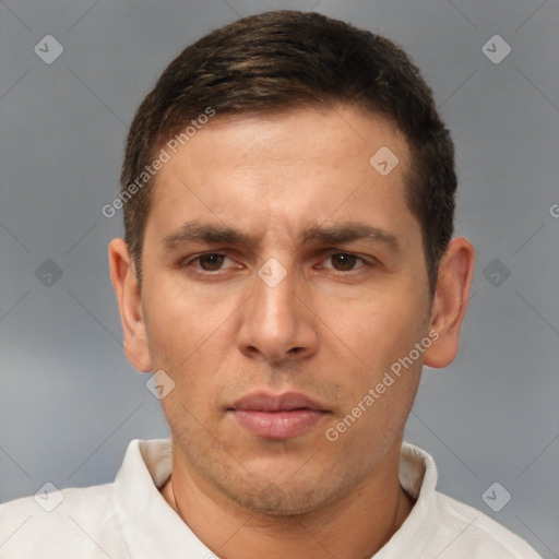 Neutral white adult male with short  brown hair and brown eyes