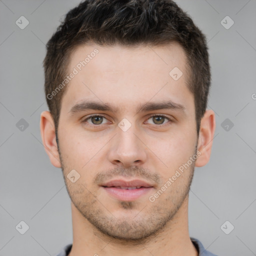 Neutral white young-adult male with short  brown hair and brown eyes