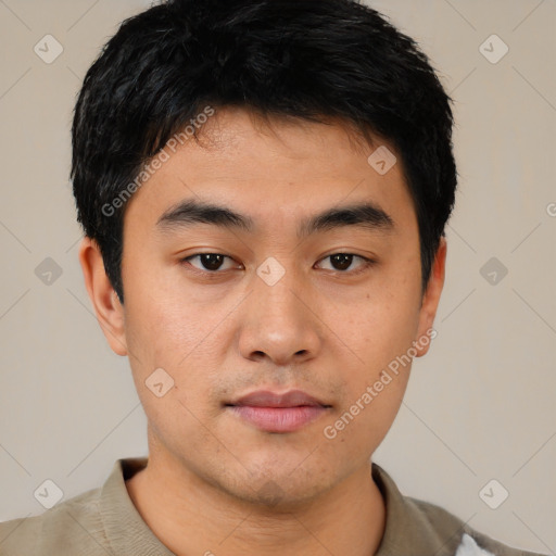 Neutral asian young-adult male with short  black hair and brown eyes