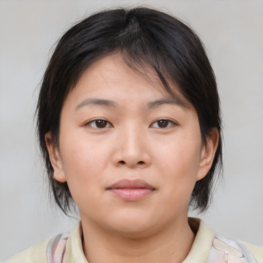 Neutral asian young-adult female with medium  brown hair and brown eyes