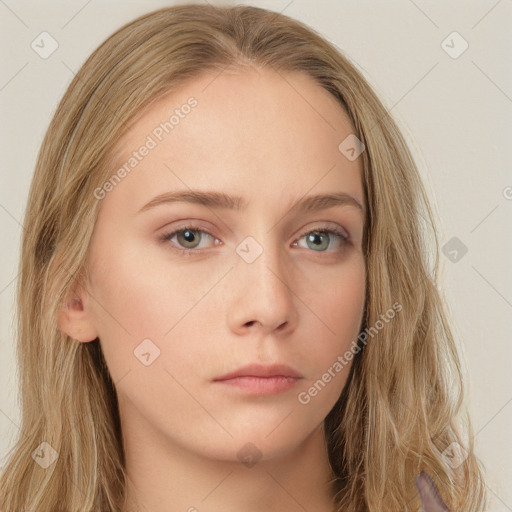 Neutral white young-adult female with long  brown hair and brown eyes