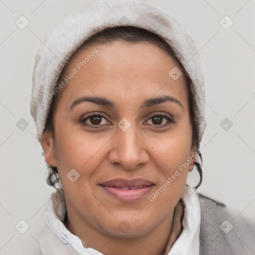 Joyful white adult female with short  brown hair and brown eyes