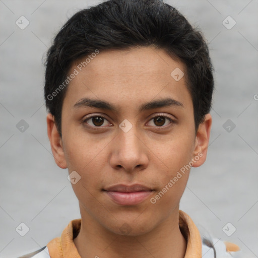 Neutral asian young-adult male with short  brown hair and brown eyes